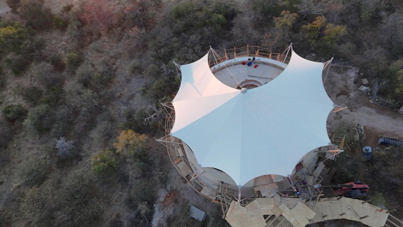 Lightweigh tension structure over a restaurant